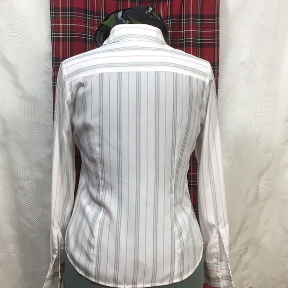 🌲 PENDLETON White Black Red Pinstripe Crepe Semi Sheer Tailored Dress Blouse - Picture 3 of 6